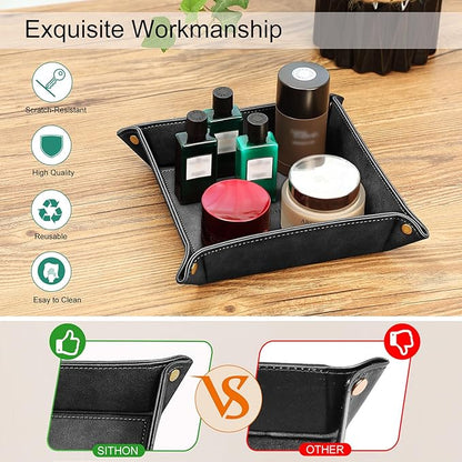 SITHON Valet Tray Desktop Storage Organizer – Premium PU Leather Catchall Bedside Vanity Tray Nightstand Caddy Holder for Remote Controller, Keys, Phone, Wallet, Coin, Jewelry, Black