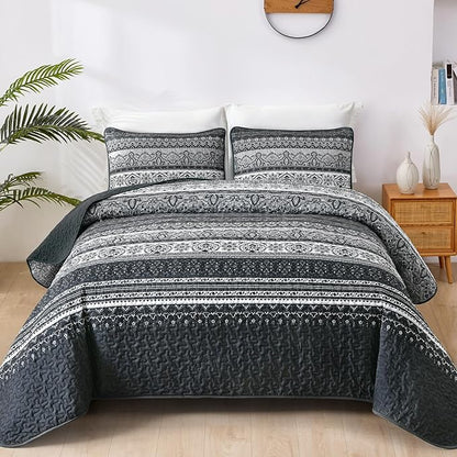 WONGS BEDDING Boho Queen Quilt Set, Black Bohemian Quilt Bedding Set, Lightweight Bed Decor Bedspread for All Season Reversible Microfiber Coverlet Bedding Set 96"x90"(3 Pieces)
