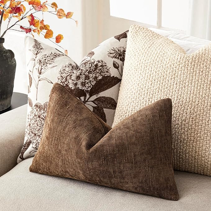 Foindtower Set of 2 Textured Chenille Throw Decorative Pillow Covers Square Accent Solid Cushion Cover Neutral Farmhouse Lumbar Pillow Case for Couch Sofa Bedroom Living Room 12x24 Inch,Dark Bronze