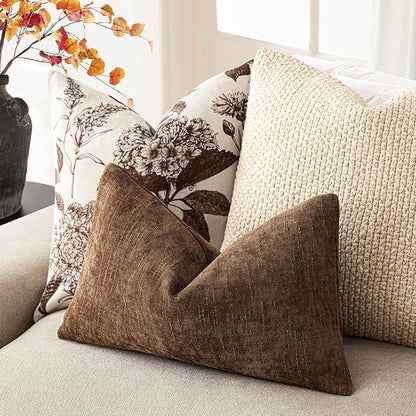 Foindtower Set of 2 Textured Chenille Throw Decorative Pillow Covers Square Accent Solid Cushion Cover Neutral Farmhouse Lumbar Pillow Case for Couch Sofa Bedroom Living Room 12x24 Inch,Dark Bronze