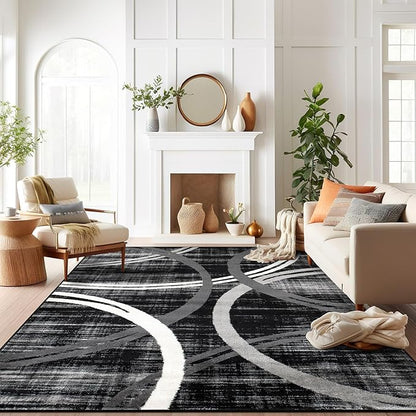 Rugshop Modern Wavy Circles Design Area Rug, Non-Shedding Carpet for Living Room, Large Bedroom, or Dining Room,Grand Room,Open Spaces Black, 8'8" x 12'