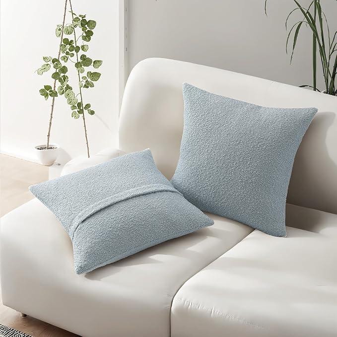 HAUSSY Set of 2 22x22 Decorative Throw Pillow Covers, Soft Cozy Textured Boucle Couch Cases, Home Decor for Couch Bed Living Room, Dusty Blue
