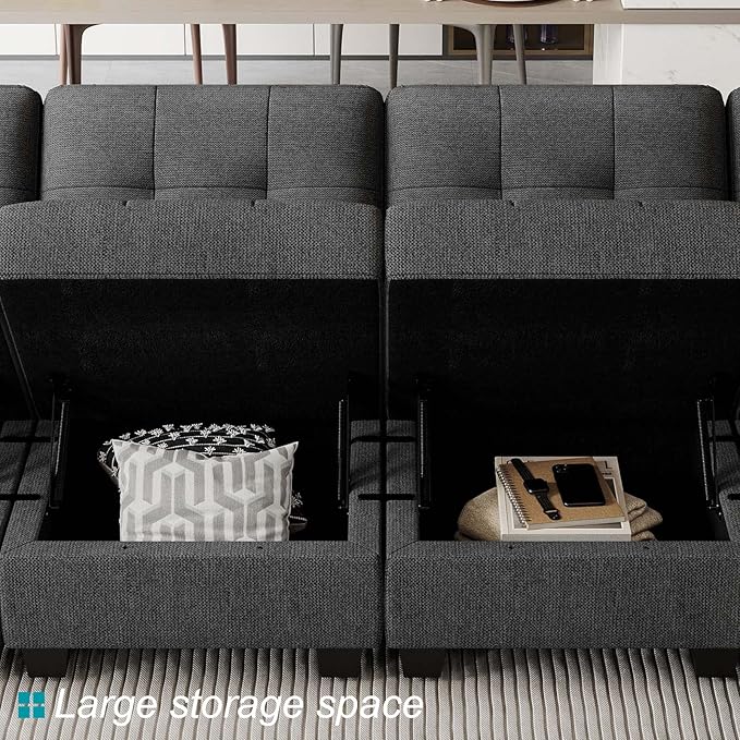 Belffin U-Shaped Sectional Sofa, Dark Grey, Wood and Polyester, 58"(D) x 90"(W) x 33"(H), Reversible Chaise, Storage, Easy Assembly