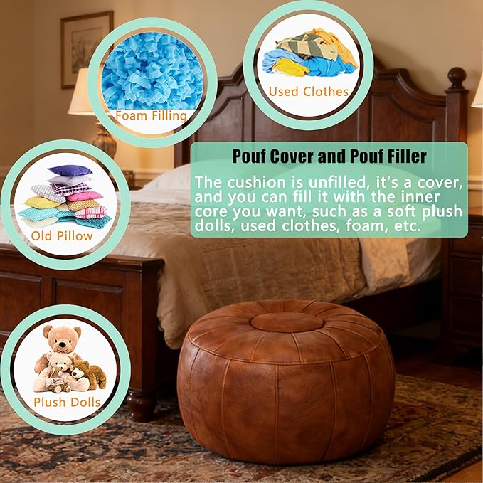 Thgonwid Unstuffed Moroccan Ottoman Pouf Cover, Ottoman Footstool Storage Solution, Bean Bag Chair, Foot Rest, Brown