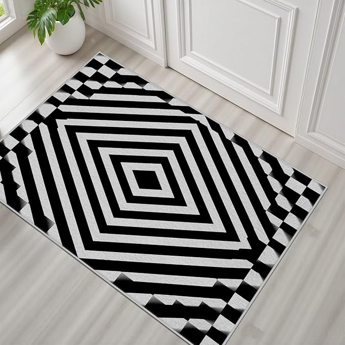 Black and White Rug 2x3, Checkered Soft Thin Indoor Floor Mats Carpet, Non-Slip Stain Resistant Washable Rugs, Modern Rhombus Geometric Rugs for Living Room, Farmhouse Rug