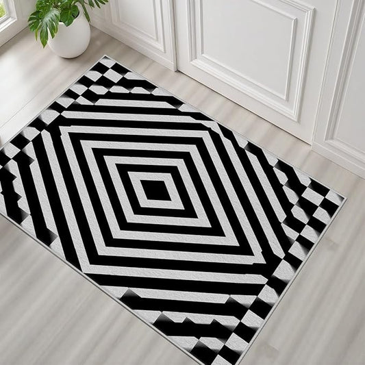 Black and White Rug 2x3, Checkered Soft Thin Indoor Floor Mats Carpet, Non-Slip Stain Resistant Washable Rugs, Modern Rhombus Geometric Rugs for Living Room, Farmhouse Rug