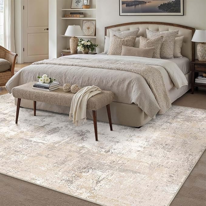 5x7 Washable Area Rug Beige Grey Abstract Living Room Bedroom Throw Rug Neutral Modern Non Slip Soft Medium Pile Indoor Carpet for Dining Room Office Entryway