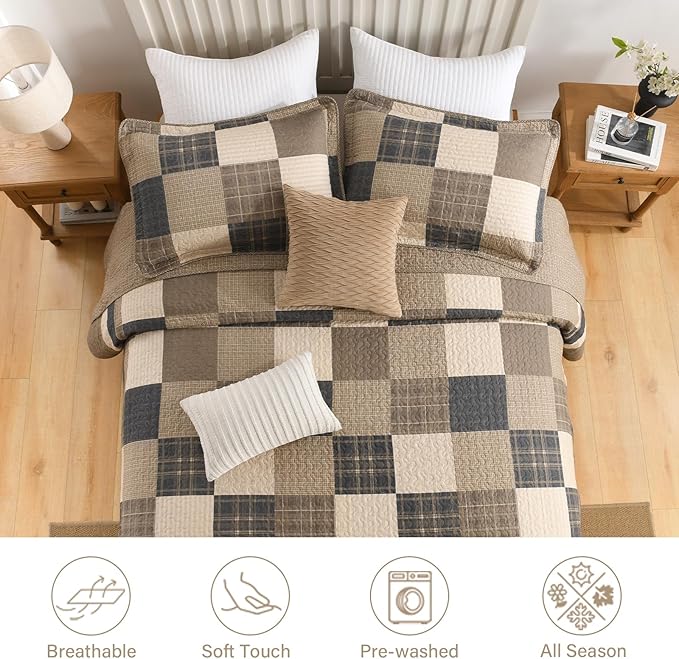 Finlonte 102"x120" Oversized Queen Bedspread - 100% Cotton Lightweight Quilted Bedspreads Coverlet Set, Farmhouse Plaid Bedding Reversible Oversized Queen Quilt with 2 Pillow Shams, Brown/Beige/Cream