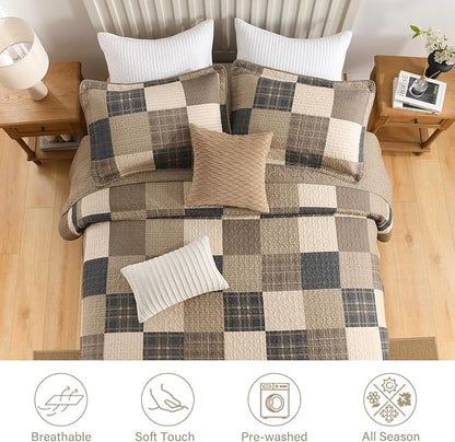 Finlonte 102"x120" Oversized Queen Bedspread - 100% Cotton Lightweight Quilted Bedspreads Coverlet Set, Farmhouse Plaid Bedding Reversible Oversized Queen Quilt with 2 Pillow Shams, Brown/Beige/Cream