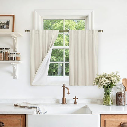 LAMIT Full Blackout Linen Kitchen Window Curtains, 36 Inches Back Tab and Rod Pocket Drapes for Bathroom Basement, Privacy Protected Neutral Panels with White Liner, 2 Panels, 29 x 36 Inch, Ivory