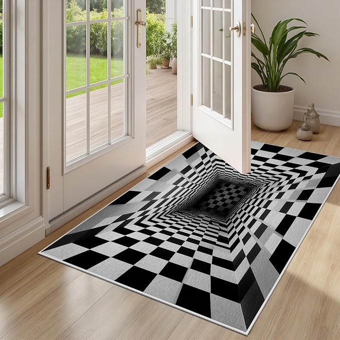 Optical Illusion Rug - Black and White Rug for Living Room, Soft Ultra Soft Faux Wool 4x5 Area Rugs Floor Mats, Non Slip&Non-Shedding Low Pile Checkered Washable Rugs, Abstract Geometric Carpet