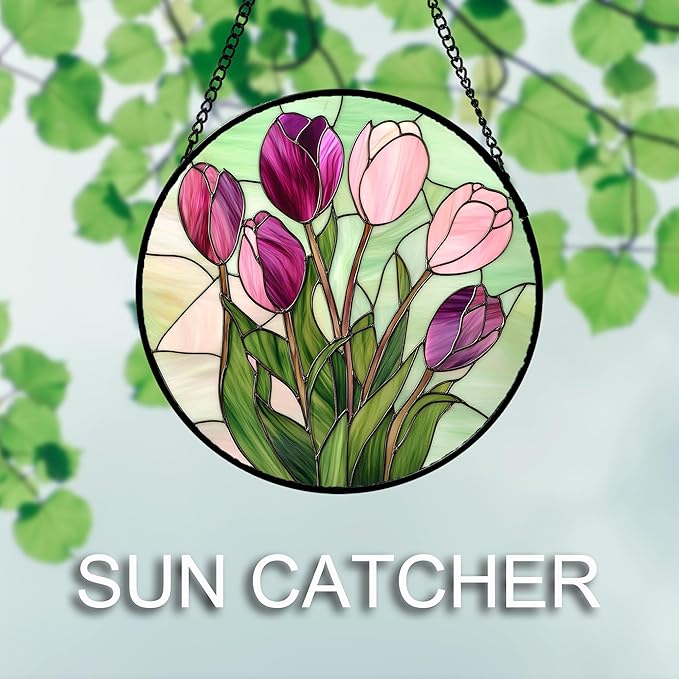 Stained Glass Window Hanging 4 Pcs Set Tulips Plum Flower Daffodils Hyacinths 9.8" - Suncatcher Door Garden Sun Catcher Decor Birthday Mother's Day for Mom Woman Nana
