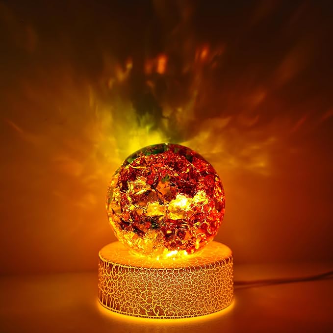 ZEERSHEE 2.3inch Colorful Ice Cracked Crystal Ball with Warm Light Base Glass Decorative Ball Paperweight Home Decor Fengshui Accessories Ornament