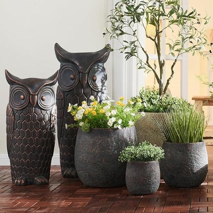 Wallowa 17.3"+12.9"+9.0" Dia Weathered Concrete Flower Pots, Modern Round Style Concrete Planter for Home, Garden, Patio, Courtyard, Bronze Rust Color, Set of 3
