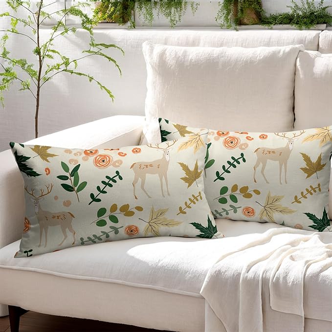 Deer Fall Pillow Covers 12x20 Set of 2 Green Cream Maple Leaf Autumn Outdoor Christmas Pillows Case Animal Print Pattern Decorative Xmas Cushion Cover Rustic Decoration Farmhouse Sofa Couch Bed Decor