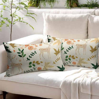 Deer Fall Pillow Covers 12x20 Set of 2 Green Cream Maple Leaf Autumn Outdoor Christmas Pillows Case Animal Print Pattern Decorative Xmas Cushion Cover Rustic Decoration Farmhouse Sofa Couch Bed Decor