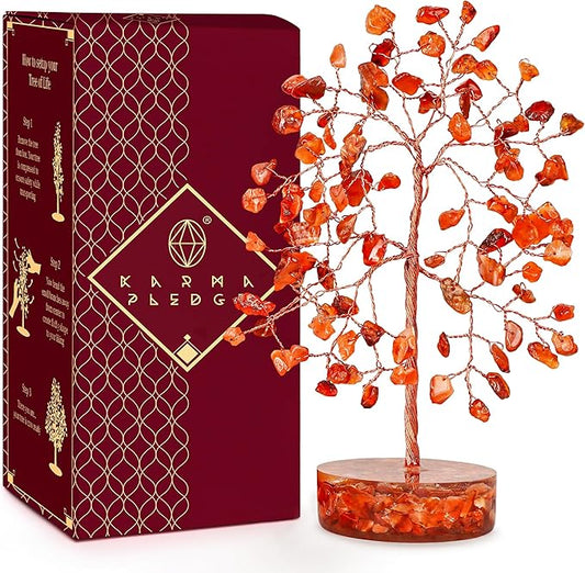 Crystal Tree for Home and Office Decor, Carnelian Chakra Healing Stones Handmade Feng Shui Bonsai Tree of Life for Positive Energy, Money, Good Luck, Christmas Decor, Birthday Gifts for Women, Mom