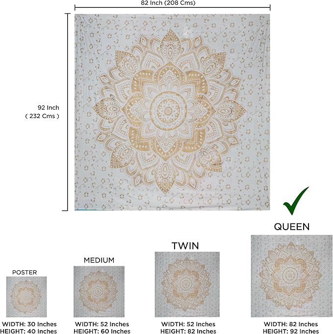 raajsee Metallic Gold Tapestry Mandala Wall Hanging- Bohemian Dorm Decor Hippie Queen Tapestries 82x92 inches-Boho Bedding Beach Throw Blanket White Golden bedspread meditation yoga mat throw
