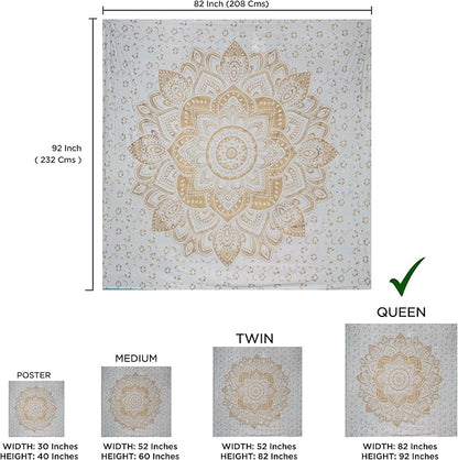 raajsee Metallic Gold Tapestry Mandala Wall Hanging- Bohemian Dorm Decor Hippie Queen Tapestries 82x92 inches-Boho Bedding Beach Throw Blanket White Golden bedspread meditation yoga mat throw