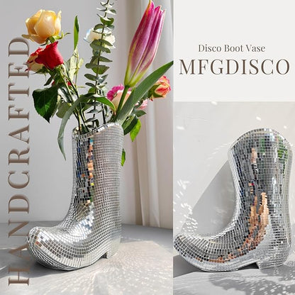 Handcrafted Disco Cowboy Boot Vase - Ceramic & Santiago Disco Ball Modern Western Flower Vase, 9.5inch Santiago Disco Cowboy Boot Home Decor, Unique Gift for Housewarming