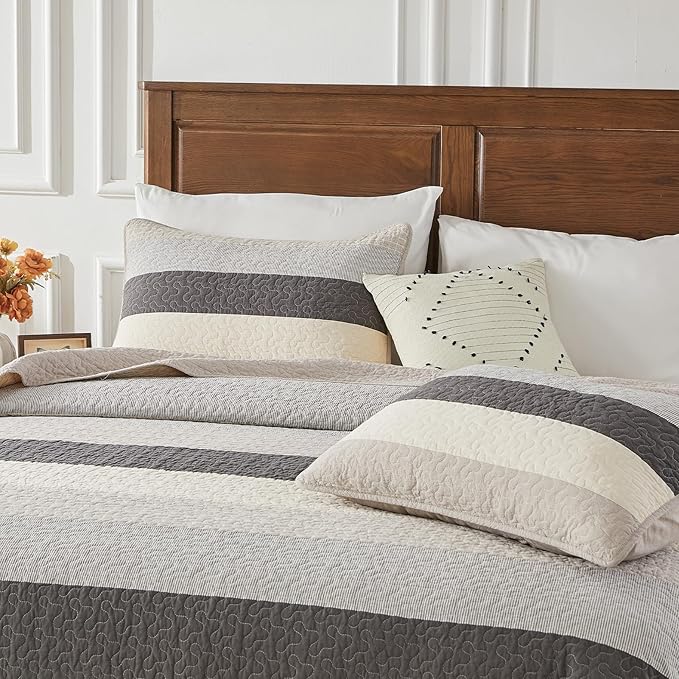 SahSahCasa 100% Cotton 128"x120" Oversized King Quilt Bedspread - California King Quilted Extra Large Comforter Lightweight Bedding Set, Cal King XL Striped Bed Spread, Light Taupe/Light Ivory/Gray