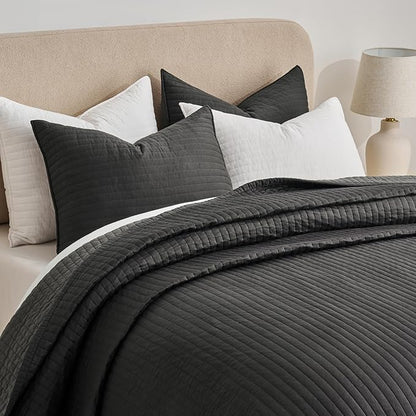 EVERGRACEHOME Cotton Sateen Quilt Set Queen Size, Pre-Washed Cotton Channel Stitch Coverlet Bedspread, 3 Pieces Lightweight Soft Bedding Sets for All Season, with 2 Pillow Shams, Washed Black