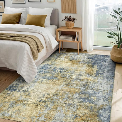 Area Rug Living Room Rugs - 5x7 Modern Abstract Soft Indoor Neutral Washable Rug Stain Resistant Non-Slip Low Pile Carpet for Bedroom Dining Room Home Office - Blue/Grey/Yellow