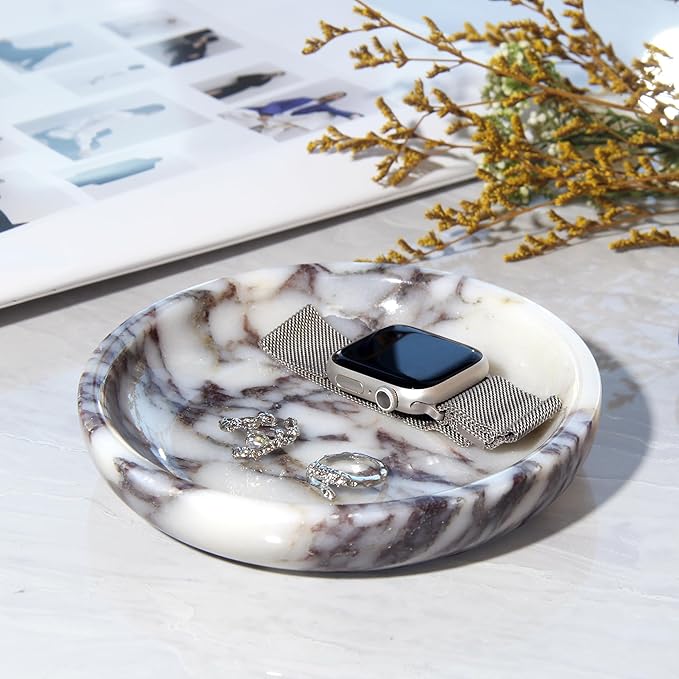 Small Natural Marble Jewelry Tray Key Plate Holder Dish Trinket Decor Catch All Bowl for Ring Earring Stone Gift for Women Daugther,Calacatta Viola