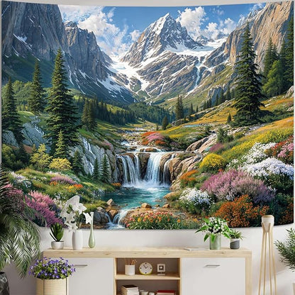 kampdream Snow Mountain Tapestry, Majestic Peaks and Creek Landscape Wall Hanging, Nature Home Decor for Bedroom and Living Room Wall Art Decoration