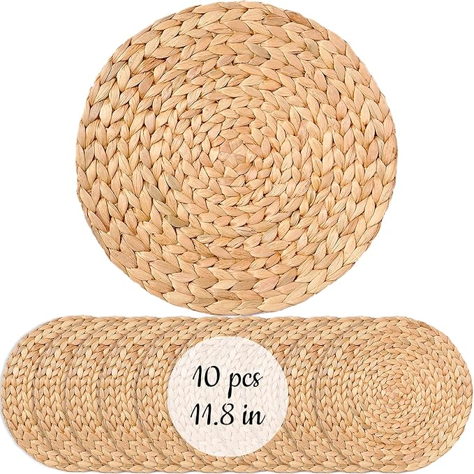 Woven Placemats Set of 10, Table Mats Set of 10, Water Hyacinth Round Placemats for Round Table, Chargers for Dinner Plates, Wicker Chargers for Dinner Plates, Woven Placemat, Place Mats 11.8 in