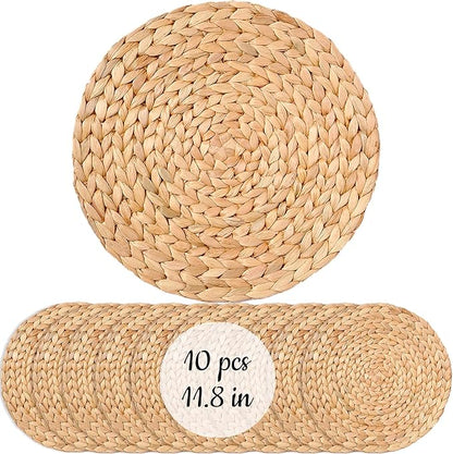 Woven Placemats Set of 10, Table Mats Set of 10, Water Hyacinth Round Placemats for Round Table, Chargers for Dinner Plates, Wicker Chargers for Dinner Plates, Woven Placemat, Place Mats 11.8 in