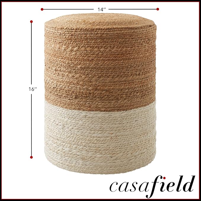 Casafield Handcrafted Braided Jute Pouf Ottoman, 14" Round x 16" High Footrest, Natural Boho Home Decor, Woven Accent Footstool for Living Room or Bedroom