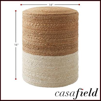 Casafield Handcrafted Braided Jute Pouf Ottoman, 14" Round x 16" High Footrest, Natural Boho Home Decor, Woven Accent Footstool for Living Room or Bedroom