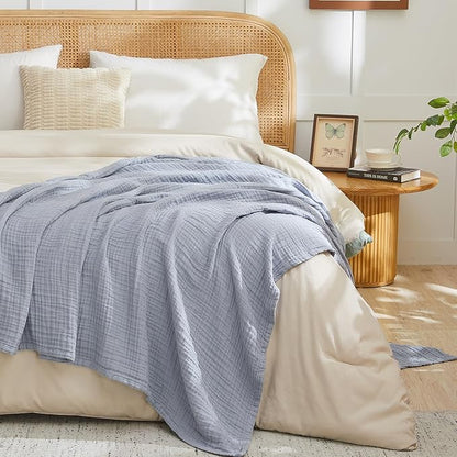 EMME Cotton Muslin Queen Blanket Bed Layering Breathable Gauze Blanket Soft Lightweight Blankets Adults (Dusty Blue, 90"x90")