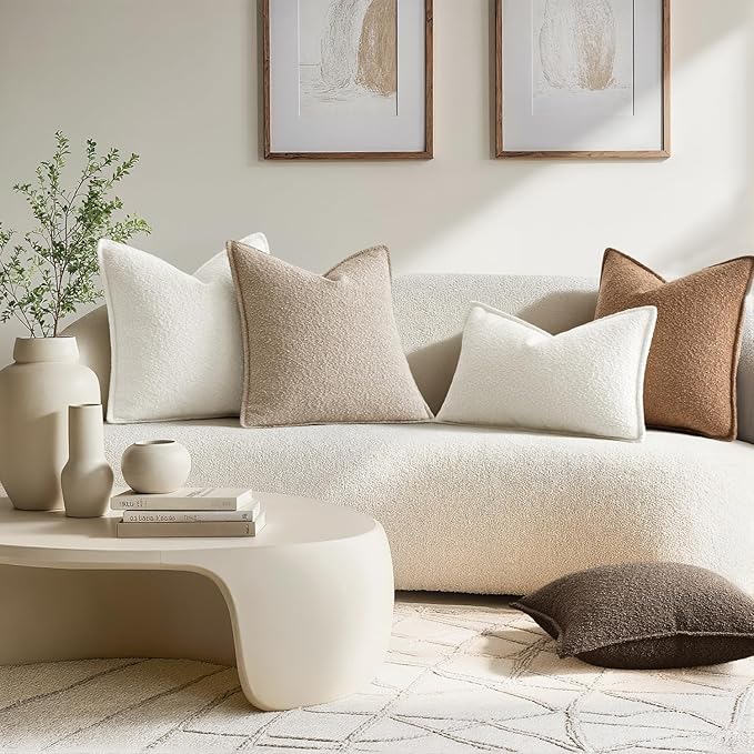 MIULEE Pack of 2 Decorative Textured Boucle Throw Pillow Covers 18x18 Inch Oatmeal Broadside Thick Boho Pillows for Farmhouse Accents Sofa Couch Bedroom Living Room Home Decor