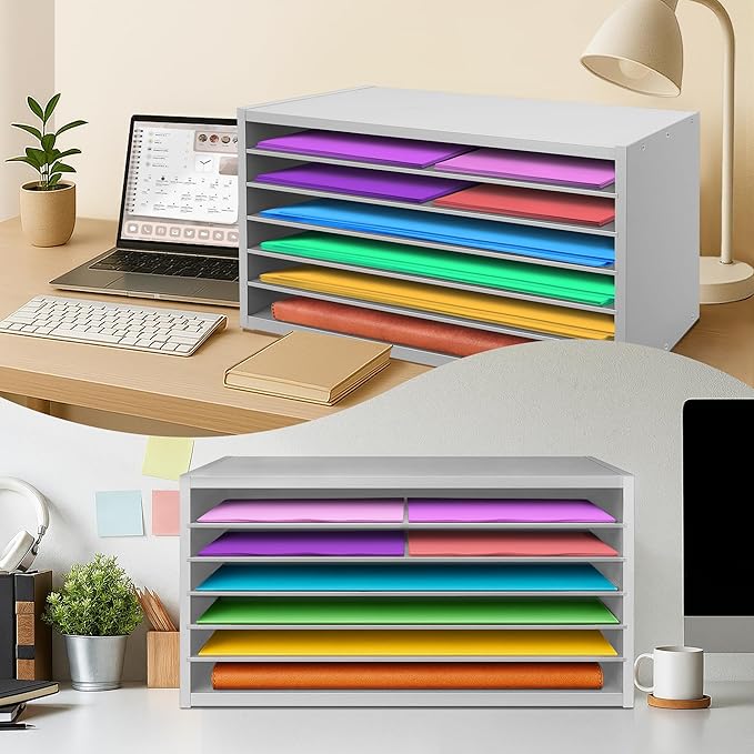 PROLEE Construction Paper Organizer 20" x 13.5" x12.2",Soild Wooden Paper Organizer with 6-Tier Letter Trays, Desktop File Papers Sorter for Home, Classroom and Office (Gray)