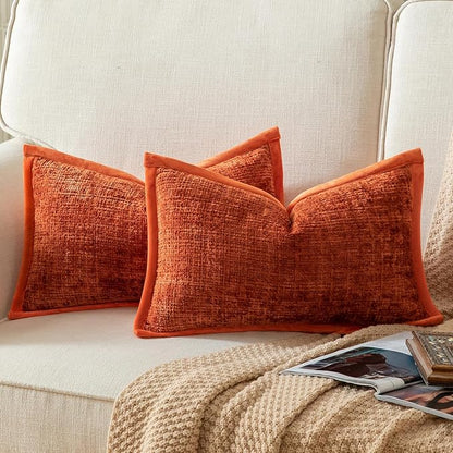 Yaertun Pack of 2 Chenille Textured Decorative Throw Pillow Covers Accent Solid Cushion Cover Soft Cozy Pillow Case with Velvet Back for Couch Sofa Bed Living Room 12x20 Inch Rust