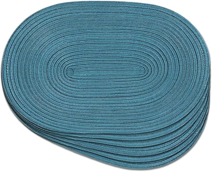 Noctiflorous Oval Braided Placemats Set of 6 Woven 12x18 Inch Non Slip Washable Heat Resistant Place Mats Tablemats for Dining Kitchen Party Daily Table Decor Dinner Mats (Teal Blue, 6)
