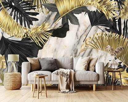 Seamless Summer Pattern with Golden White and Black Tropical Plants.Modern Abstract Design for Paper Wallpaper Cover Fabric （Non-self-Adhesive）