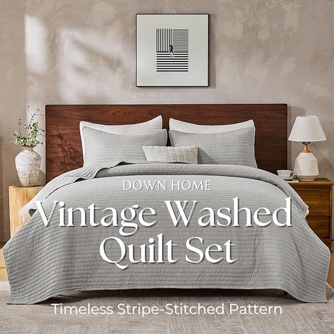 DOWN HOME Queen Quilt Bedding Set with Shams, Vintage Washed Soft Quilted Blanket Thin Comforter Lightweight Bedspread Coverlet Bed Cover, Brushed Microfiber Stripe Stitching, Light Gray, 86"x90"