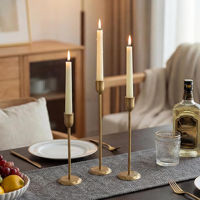 Perfnique Brass Candlestick Holders Set of 3 - Antique Gold Iron Candle Holders for Christmas, Birthday, Wedding, Party, Dining Table, Fireplace Mantel Decor