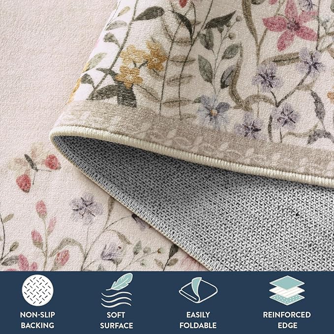 Lahome Boho 2x6 Bathroom Runner Rugs Non Slip Washable, Floral Carpet Runners for Hallway 6ft Kitchen Rug Runner, Soft Non Skid Runners for Entryway Laundry Bedroom (Beige,2x6)