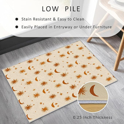 Boho Style Rug, 3x4 Area Rugs Sun Moon Star Terracotta Abstract Pattern for Entryway, Living Room, Bedroom, Boho Style Home Decor Accessories Indoor Carpet, Non Slip & Machine Washable