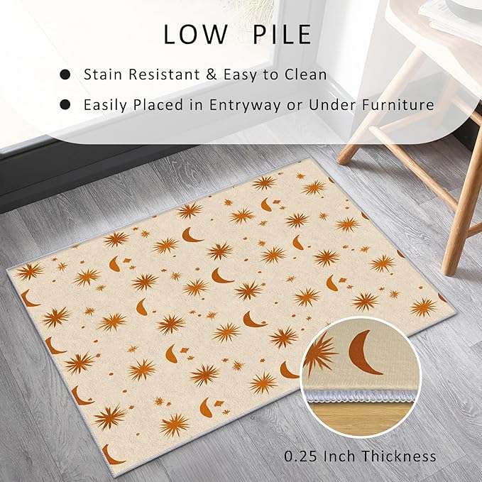 Boho Style Rug, Large 8x10 Area Rugs Sun Moon Star Terracotta Abstract Pattern for Living Room, Bedroom, Boho Style Home Decor Accessories Indoor Carpet, Non Slip & Machine Washable