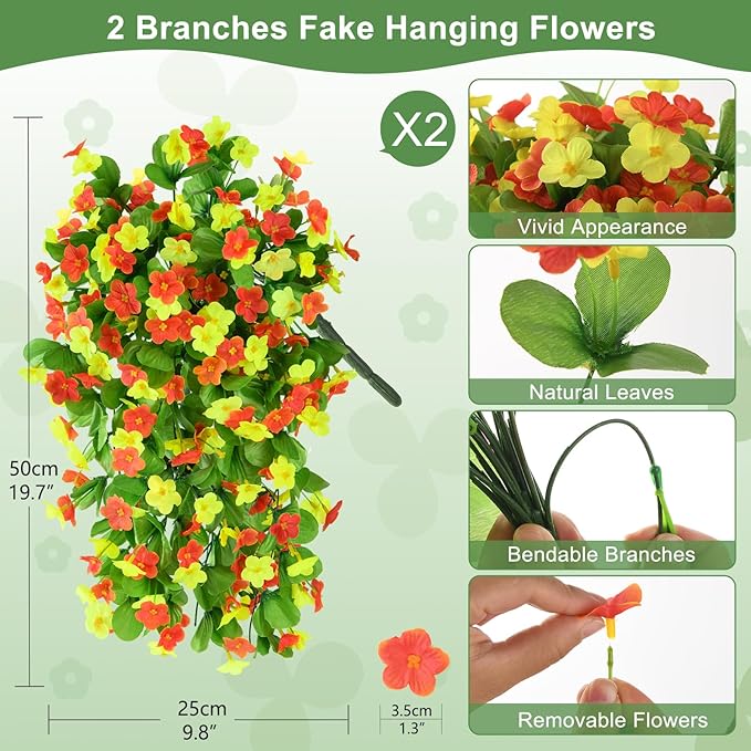 Artificial Fake Hanging Flowers for Outdoors, 2 Pcs Artificial Hanging Plants Outdoors Spring Summer Decor, UV Resistant Faux Violet Silk Flowers for Planters Front Door Yard Garden(Orange Yellow)