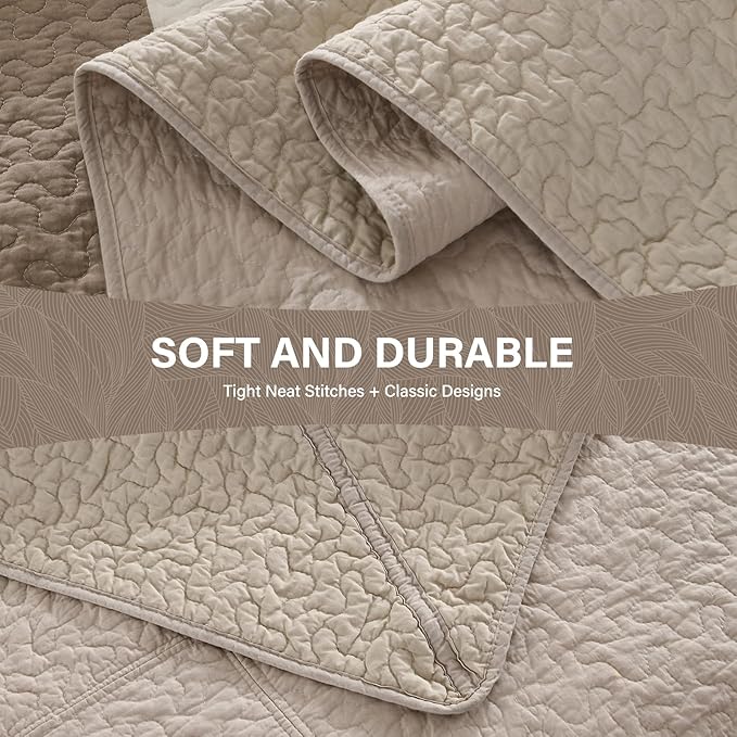 SahSahCasa 128"x120" 100% Cotton Oversized California King Bedspread Coverlet Striped Quilt Set, Cal King Quilted Bedspread Extra Large Quilt, XL Bed Spread Lightweight Comforter, Brown/Camel/Cream