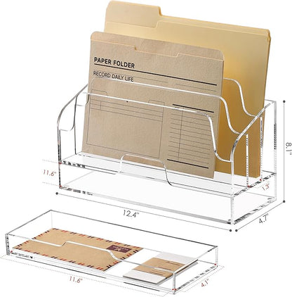 SANRUI Clear Desk Organizer Holder with Drawers, Acrylic Desktop Manila folders File Mail Sorter Box, Office Desk Accessories & Workspace Envelope Bill Letter Organization Racks, 3 Compartments