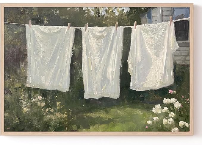 Farmhouse Laundry Picture Vintage Garden Painting Clothesline Canvas Art Cozy Cottage Prints Spring Landscape Artwork Laundry Day Poster Victorian Farmhouse Wall Art for Living Room 16x24in No Frame