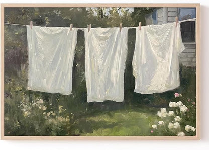 Farmhouse Laundry Picture Vintage Garden Painting Clothesline Canvas Art Cozy Cottage Prints Spring Landscape Artwork Laundry Day Poster Victorian Farmhouse Wall Art for Living Room 16x24in No Frame