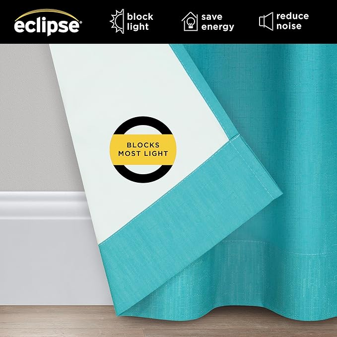 Eclipse Kendall Modern Thermaback Blackout Window Curtains, Rod Pocket, Insulating and Noise Reducing Window Curtains, 84 Inch Long x 42 Inch Wide, Curtain Panel Set, 2 Pack, Turquoise